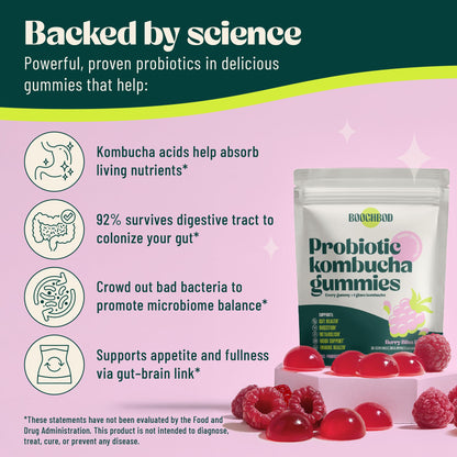 BoochBod - Probiotic Kombucha Gummy - Prebiotics, Probiotics, Postbiotics, Fiber Supplement, Slippery Elm, Dandelion Root