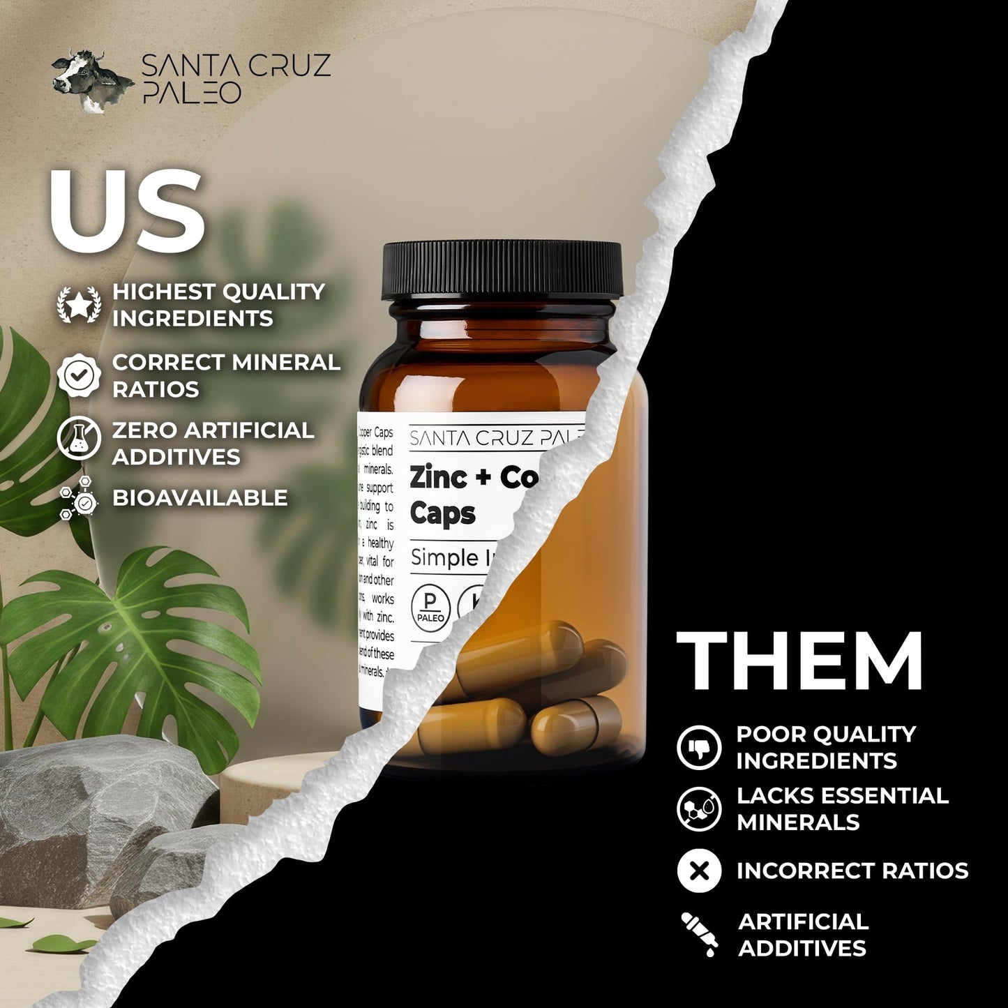 Santa Cruz Paleo, Zinc & Copper Mineral Supplement, High Absorption Formula, Zinc Supplement for Skin & Hair, L Methionine, Copper Gluconate, Trace Minerals