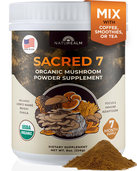 Naturealm Sacred 7 Organic Mushroom Powder Supplement | 7-Month Supply | 7-in-1 Blend with Lions Mane, Reishi, Chaga | Brain & Immune Support