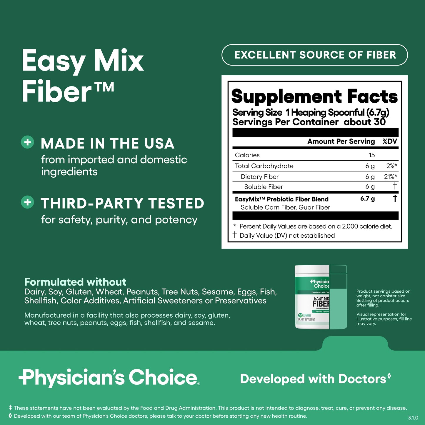 Physician's CHOICE Easy Mix Fiber for Digestive Health & Regularity - No Grit, Sugar Free, & Tasteless
