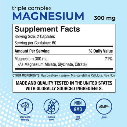 Puregen Labs Triple Magnesium Complex 300mg of Magnesium Glycinate, Malate, & Citrate [High Absorption] 120 Veg Capsules | No Harmful Additives | Non-GMO, NO Gluten and Dairy P Puregen Labs buy supplements Au
