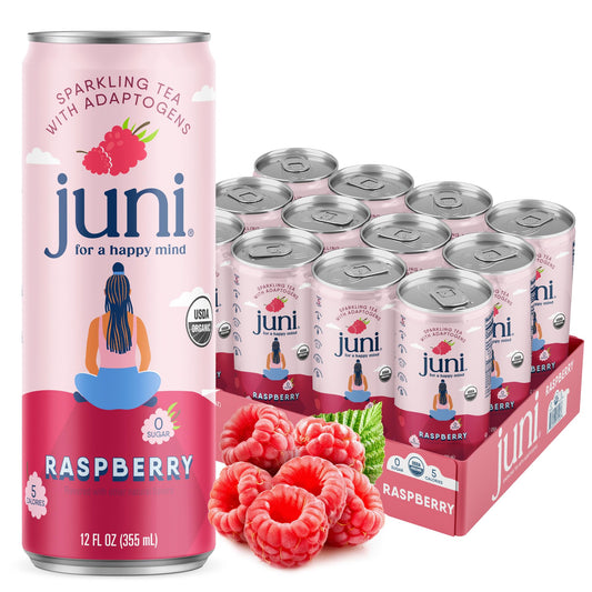Juni Sparkling Adaptogen Drink with Ashwagandha, Lion’s Mane & Reishi Mushrooms | Green Tea for Focus, Zero Sugar, 5 Calories, Organic | Non Alcoholic Drinks - Raspberry 12 pack JUNI buy supplements Au