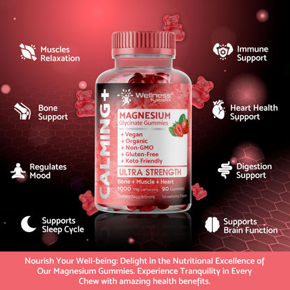 Magnesium Glycinate Gummies, 1000 mg - Magnesium Supplement to Support Relaxation, Heart Health - Chewable Calm Magnesio Gummies for Adults, Glicinato De Magnesio - Strawberry Flavor WELLNESS LABSRXBuy Supplements Australia