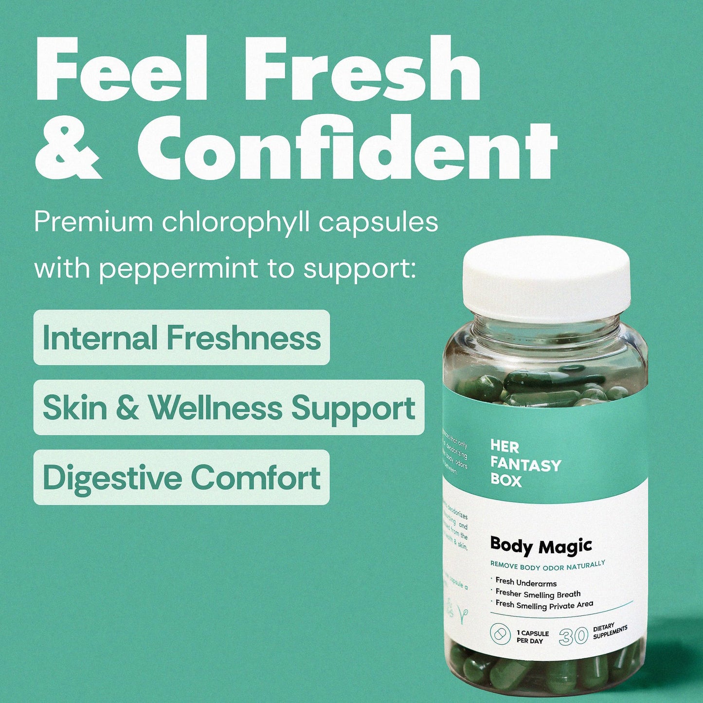 Her Fantasy Box | Body Magic | Chlorophyll Capsules - 30 Vegan Capsules for Detox, Digestion, Gut Health, Skin Support