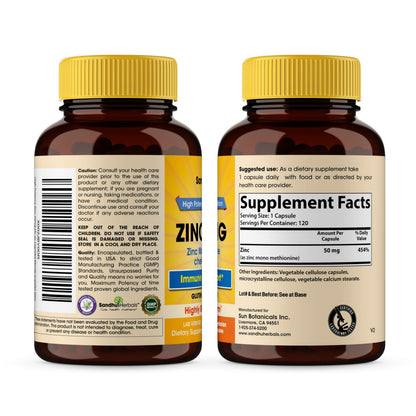 Zinc 50mg Capsules for Men and Women, 120 Count | Highly Absorbable Zinc Supplements for Immune System Support | Zink 50 mg Mono Methionine Chelated Complex