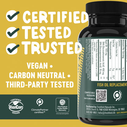 Freshfield Vegan Omega 3, Algae (Algal) Oil, Fish Oil Free Company, Third Party Tested, Carrageenan Free, DHA Supplement w/DPA
