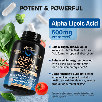 Alpha Lipoic Acid 600mg - ALA Supplement Antioxidant for Nerve, Energy & Metabolism Support - Extra Strength with Benfotiamine, B1 & B12 - Lab Tested, NON-GMO & Vegan