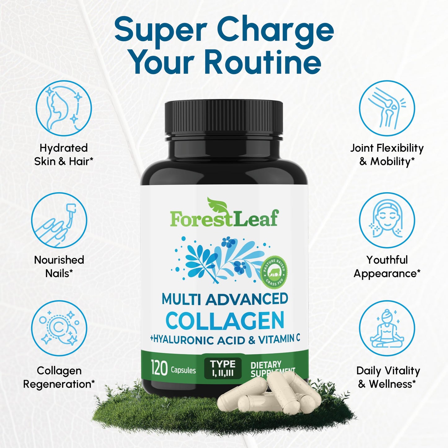 ForestLeaf Multi Collagen Pills with Hyaluronic Acid + Vitamin C | Hydrolyzed Collagen Supplements for Women or Men | Multi Collagen Capsules Peptides for Skin