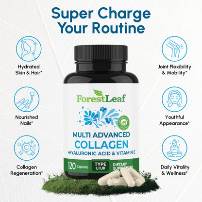 ForestLeaf Multi Collagen Pills with Hyaluronic Acid + Vitamin C | Hydrolyzed Collagen Supplements for Women or Men | Multi Collagen Capsules Peptides for Skin