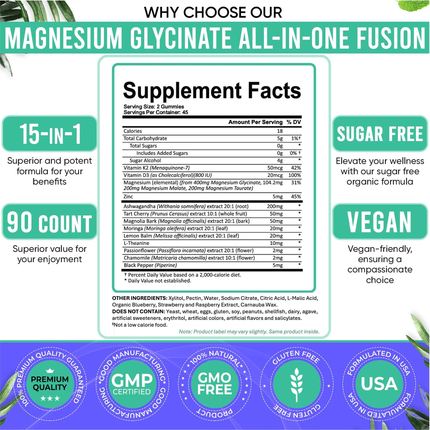 Adndale Magnesium Glycinate 400 mg Gummies with Ashwagandha, Magnesium Malate & Taurate, Tart Cherry, Magnolia Bark, Lemon Balm, Passionflower
