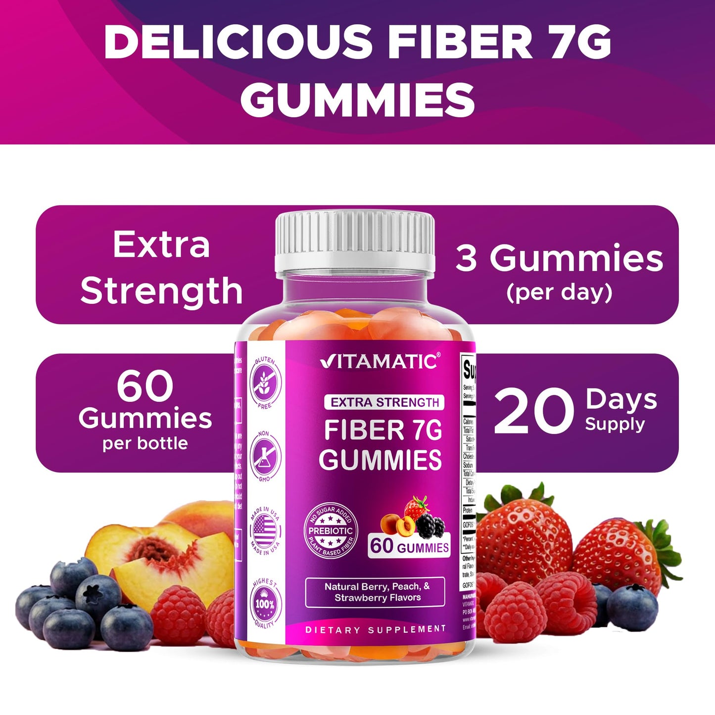 Vitamatic Prebiotic Fiber Gummies for Adults – 2 Pack (Total 120 Gummies) 7g Fiber per Serving | Extra Strength | Zero Sugar Added | Pectin-Based