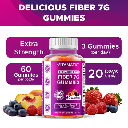 Vitamatic Prebiotic Fiber Gummies for Adults – 2 Pack (Total 120 Gummies) 7g Fiber per Serving | Extra Strength | Zero Sugar Added | Pectin-Based
