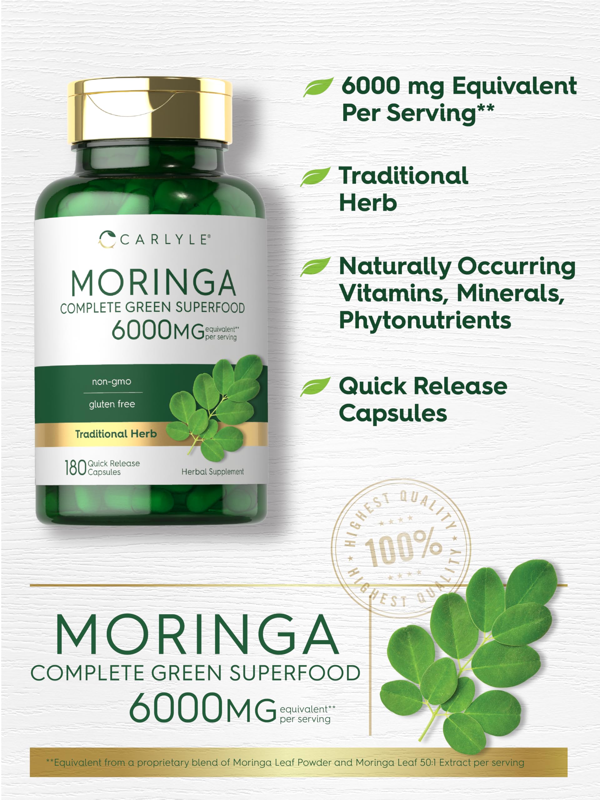Carlyle Moringa Oleifera Supplement | 180 Capsules | Complete Green Superfood for Women and Men | Non-GMO and Gluten Free | from Moringa Leaf Powder CarlyleBuy Supplements Australia