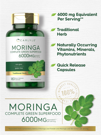 Carlyle Moringa Oleifera Supplement | 180 Capsules | Complete Green Superfood for Women and Men | Non-GMO and Gluten Free | from Moringa Leaf Powder CarlyleBuy Supplements Australia