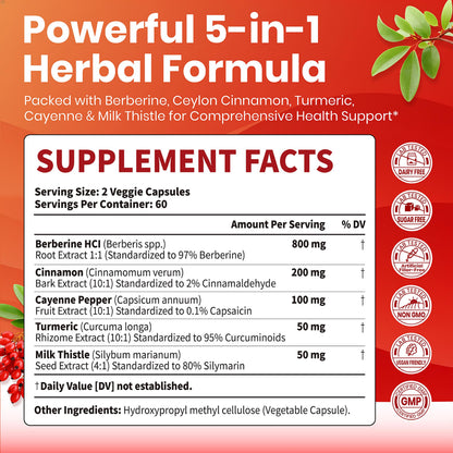 VEV Berberine Supplement with Ceylon Cinnamon, Cayenne Pepper, Turmeric, Milk Thistle, Vegan & Non-GMO – 120 Capsules