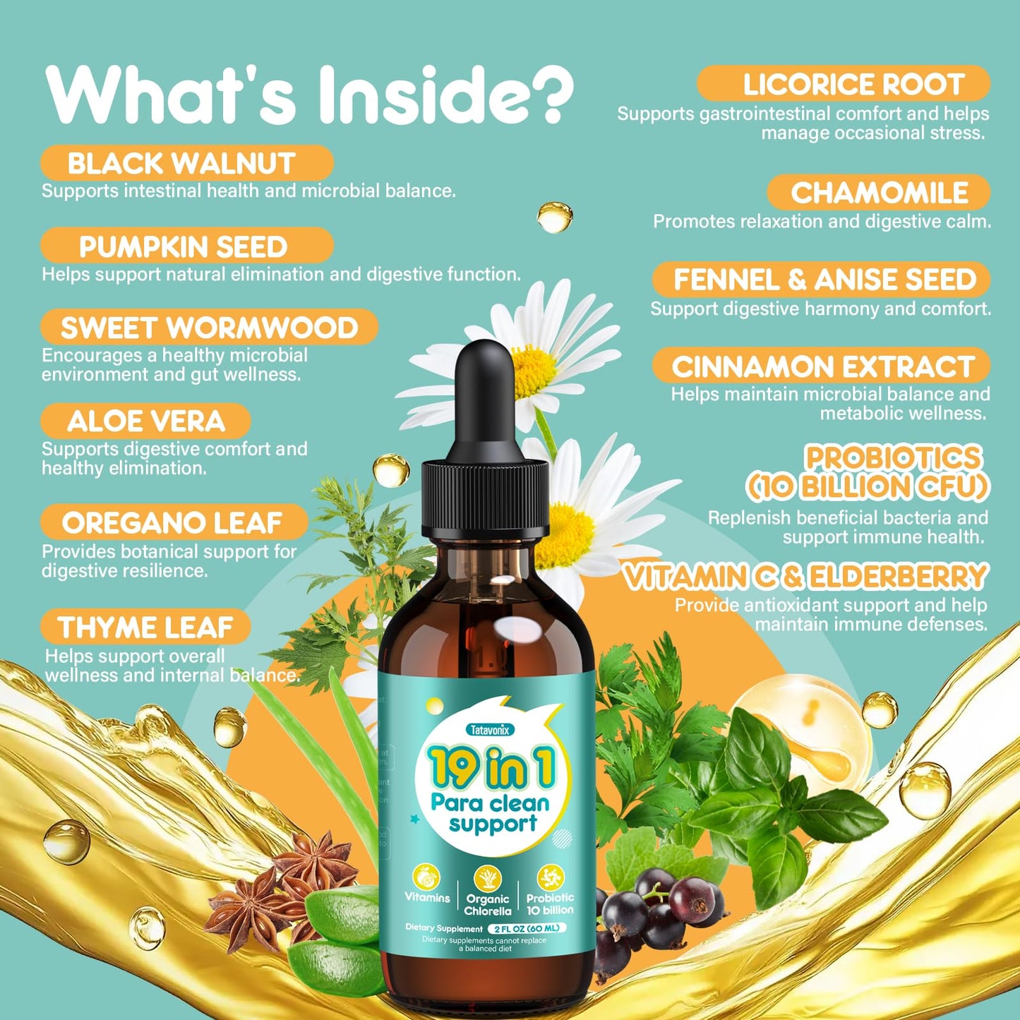 Tatavonix 19 in 1 Herbal Gut Cleanse Drops – Wormwood, Black Walnut, Chlorella 250mg, 10B Probiotics, Clove & Oregano