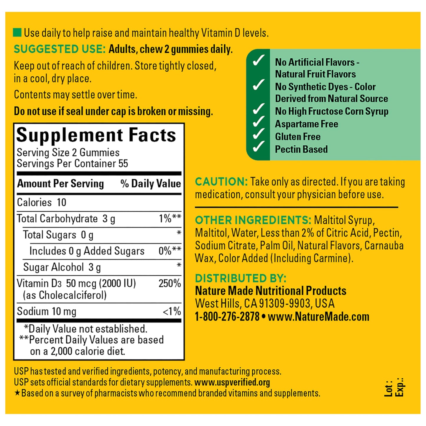 Nature Made Zero Sugar Vitamin D3 Gummies 2000 IU (50 mcg) Per Serving, Bone & Immune Support, Aspartame Free
