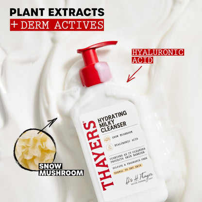 Thayers Milky Hydrating Face Cleanser with Snow Mushroom and Hyaluronic Acid, Dermatologist Recommended Gentle Facial Wash and Hydrating Skincare