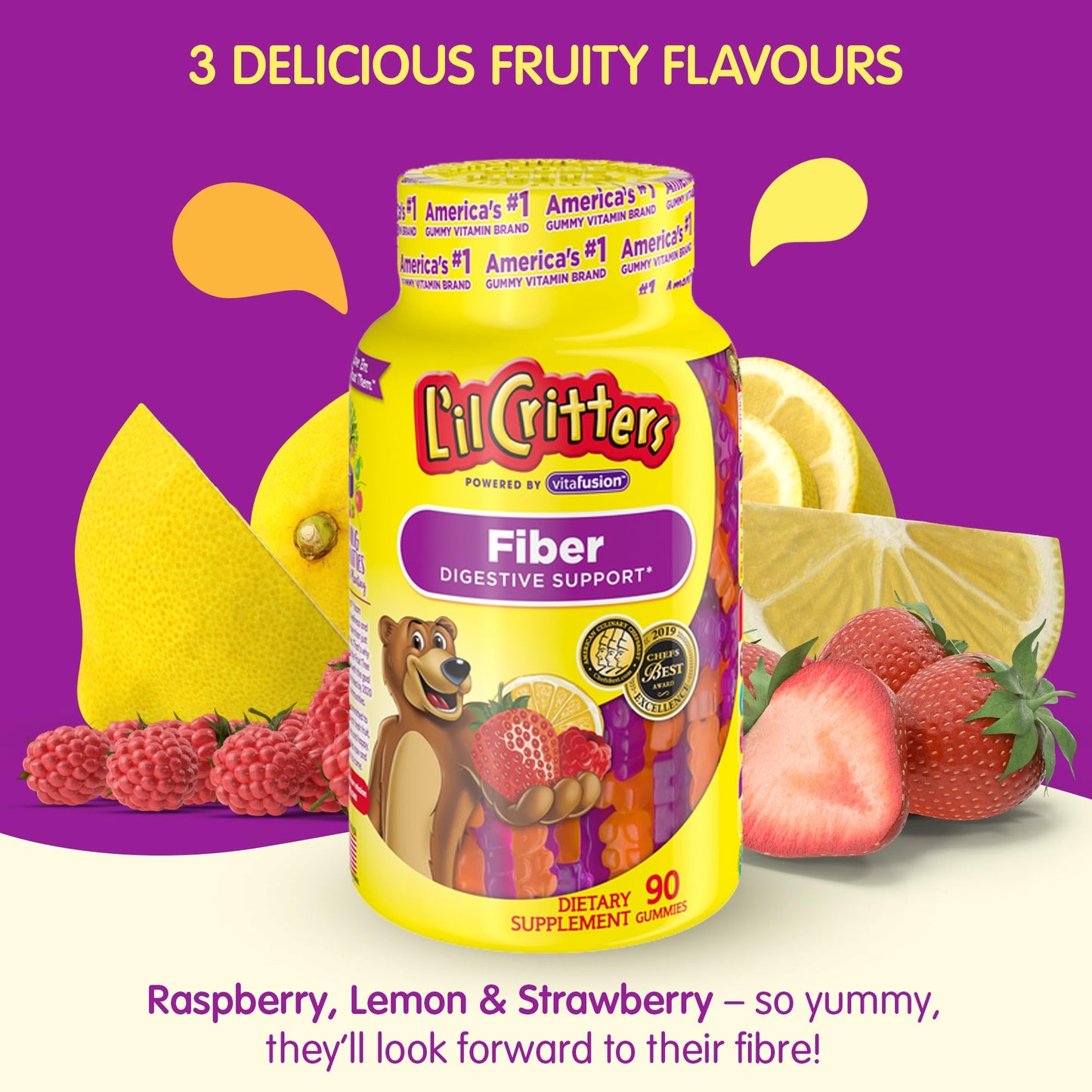 L’il Critters Fiber Daily Gummy Supplement for Kids, for Digestive Support, Berry and Lemon Flavors, 90 Gummies