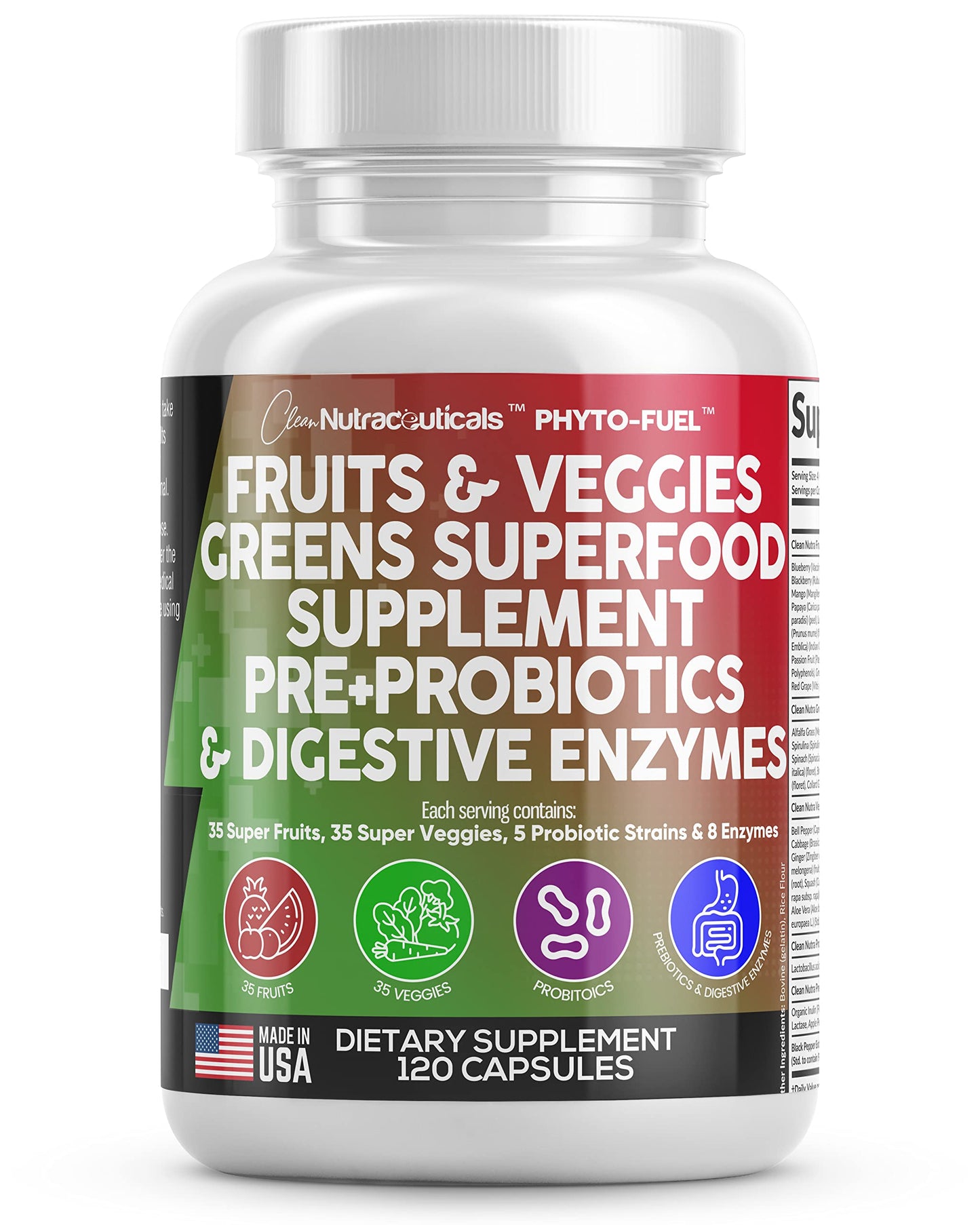 Clean Nutraceuticals Fruits and Veggies Supplement Reds & Green Superfood - Balance of Over 70 Fruit & Vegetable Supplements Capsules with Probiotics Prebiotics Digestive Enzymes - 120 Ct USA Clean NutraceuticalsBuy Supplements Australia