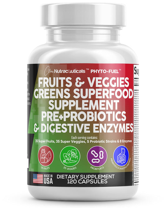 Clean Nutraceuticals Fruits and Veggies Supplement Reds & Green Superfood - Balance of Over 70 Fruit & Vegetable Supplements Capsules with Probiotics Prebiotics Digestive Enzymes - 120 Ct USA Clean NutraceuticalsBuy Supplements Australia