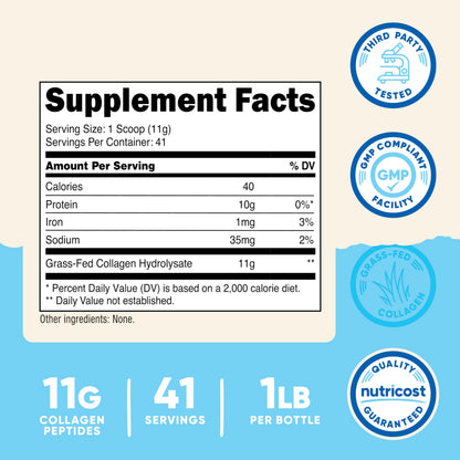 Nutricost Collagen Peptides Powder 1LB (454 G) - Grass Fed Bovine Collagen Hydrolysate (Unflavored) Nutricost buy supplements Au