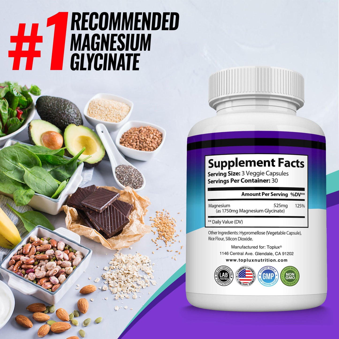 Magnesium Glycinate 525mg - High Absorption Chelated Magnesium Supplement Made with Pure Magnesium Glycinate - Supports Muscles, Sleep, Cramps, Recovery Bisglycinate Complex Vegan Non-GMO 90 Capsules Toplux buy supplements Au