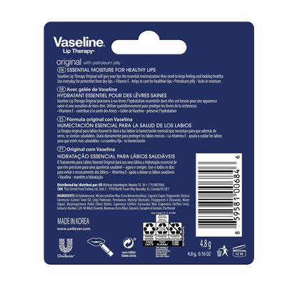 Vaseline Lip Therapy Care Original, Fast-Acting Nourishment, Ideal for Chapped, Dry, Cracked, or Damaged Lips