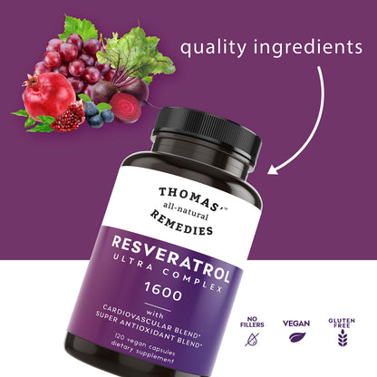 Thomas' all-natural Remedies Resveratrol 1600mg Organic Trans-Resveratrol Antioxidant Supplement with Organic Grape Seed Extract and Quercetin