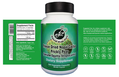 Natural Home Cures Premium Freeze-Dried Nopal Cactus Capsules, Mountain-Grown in Mexico, Whole Prickly Pear Cactus Powder Supplement, No Fillers