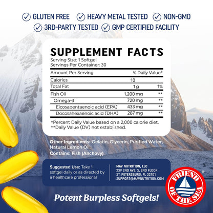 Triple Strength Omega 3 Fish Oil 1200 mg | EPA & DHA | Wild Caught, Sustainably Sourced Omega-3 Fatty Acids | Premium Burpless Fish Oil Supplements