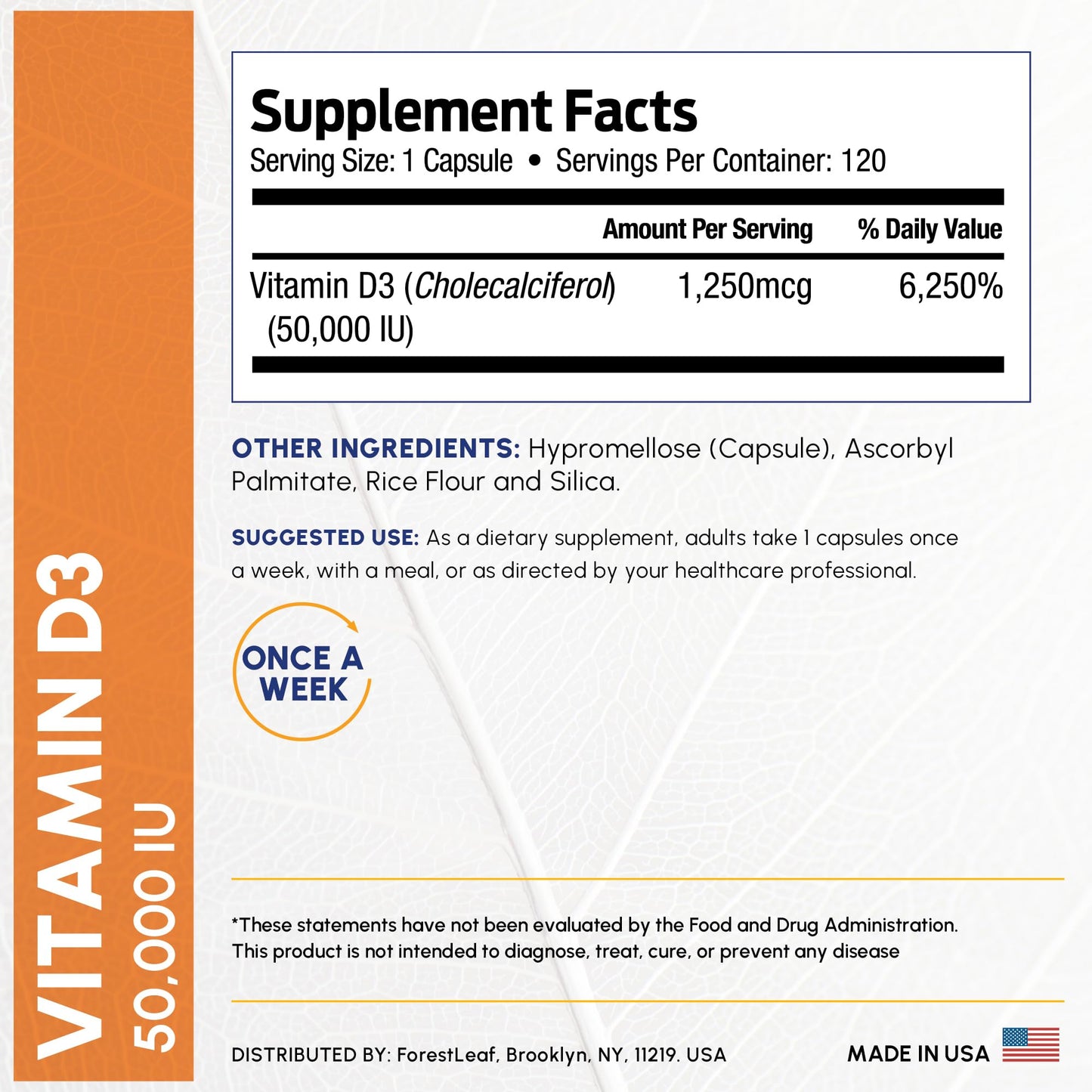 ForestLeaf Vitamin D3 50,000 IU | VIT D - Kosher VIT D3 Vitamin D Supplement for Women and Men | Bone Health, Teeth, Immune Support