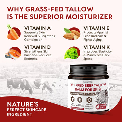RICHGRAND Beef Tallow for Skin - Whipped Tallow and Honey Balm - Grass Fed Beef Tallow for Face, Daily Moisturizer & Body Butter