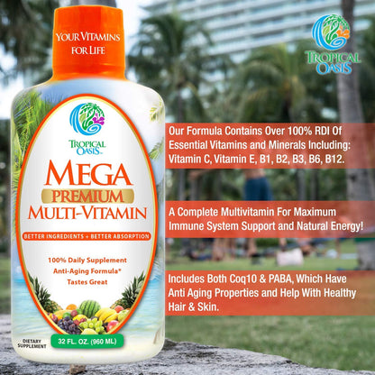 Mega Premium Liquid Multivitamin | Natural Immune Support Vitamin w/ 1333% Vitamin C, 200% D3, Zinc + 20 Vitamins, 70 Minerals, & 21 Amino Acids | Sugar Free | Orange Flavor | 98% Absorption | 32 Serv Tropical Oasis buy supplements Au