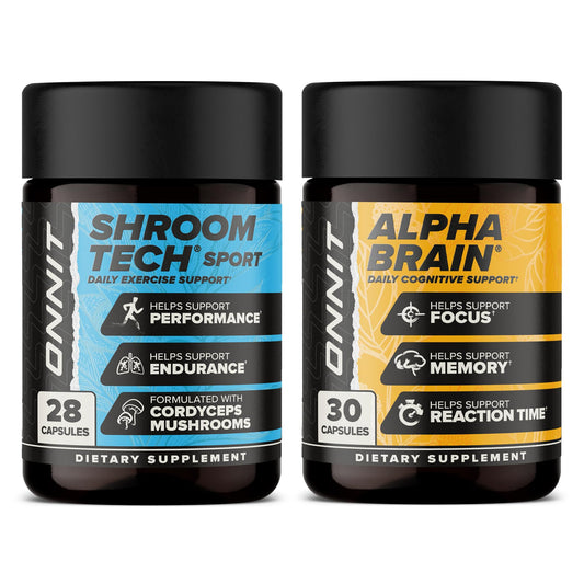 ONNIT Cognitive & Endurance Support Bundle: Alpha Brain Nootropic Capsules (30 Count) + Shroom Tech Sport Exercise Support Capsules (28 Count), IGEN Non-GMO Tested Focus, Energy & Endurance, 2 Pack ONNITBuy Supplements Australia