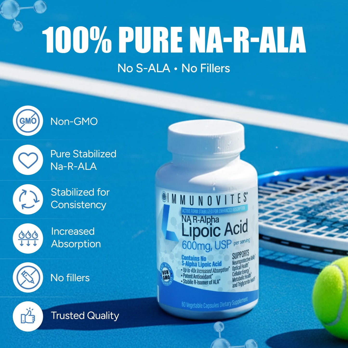 IMMUNOVITES Stabilized R-Alpha Lipoic Acid ((True)) 600mg per Serving [[High Potency & up to 40x Increased Absorption]]