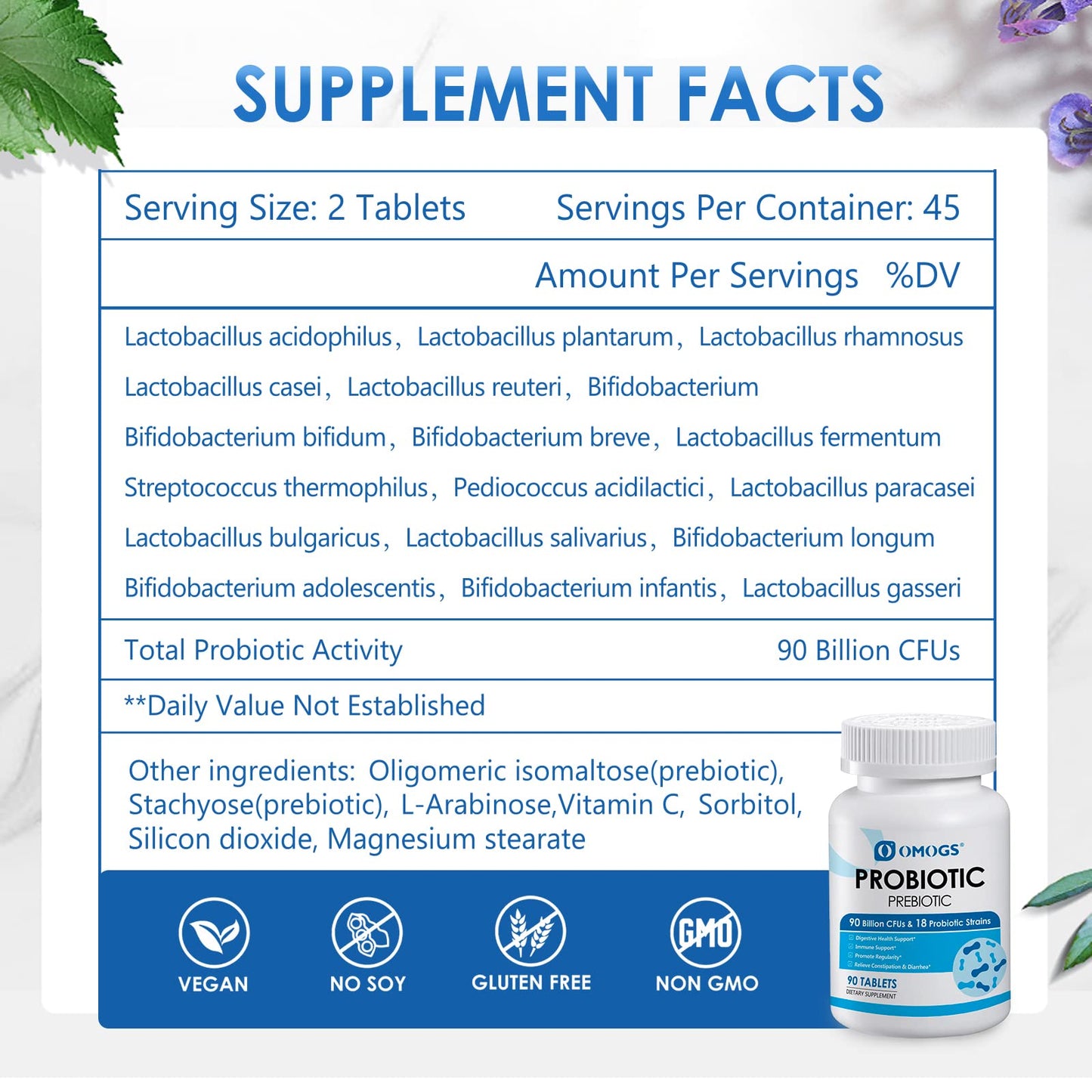 OMOGS Probiotics 90 Billion CFUs 18 Strains, with 3 Organic Prebiotics & Vitamin C, Nutritional Supplement for Women, Men & Kids, Support Metabolism