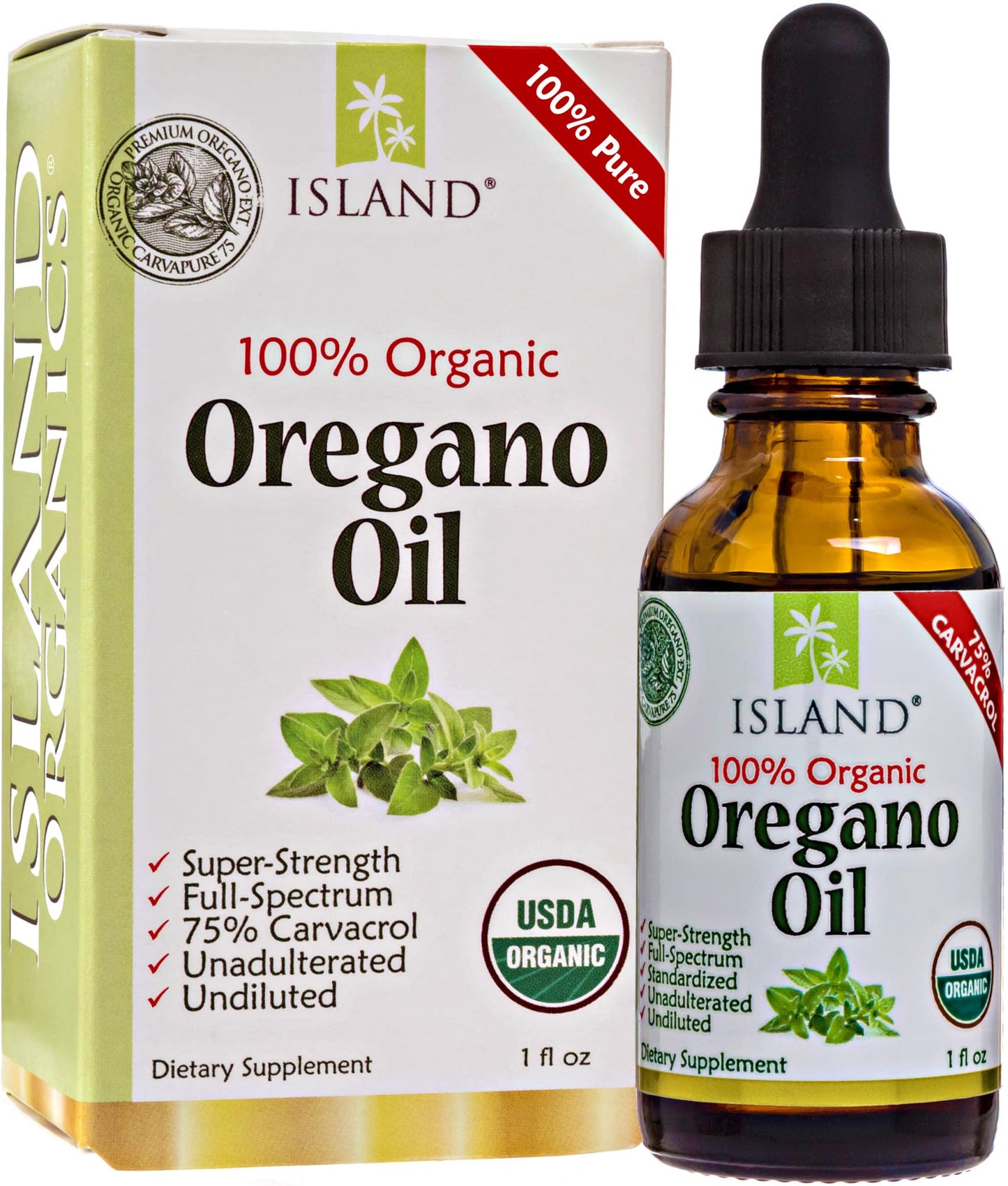 Island Nutrition, Oregano Oil Organic Liquid Drops - 100% Pure & Undiluted - USDA-Certified Organic (1 oz) 75% Carvacrol