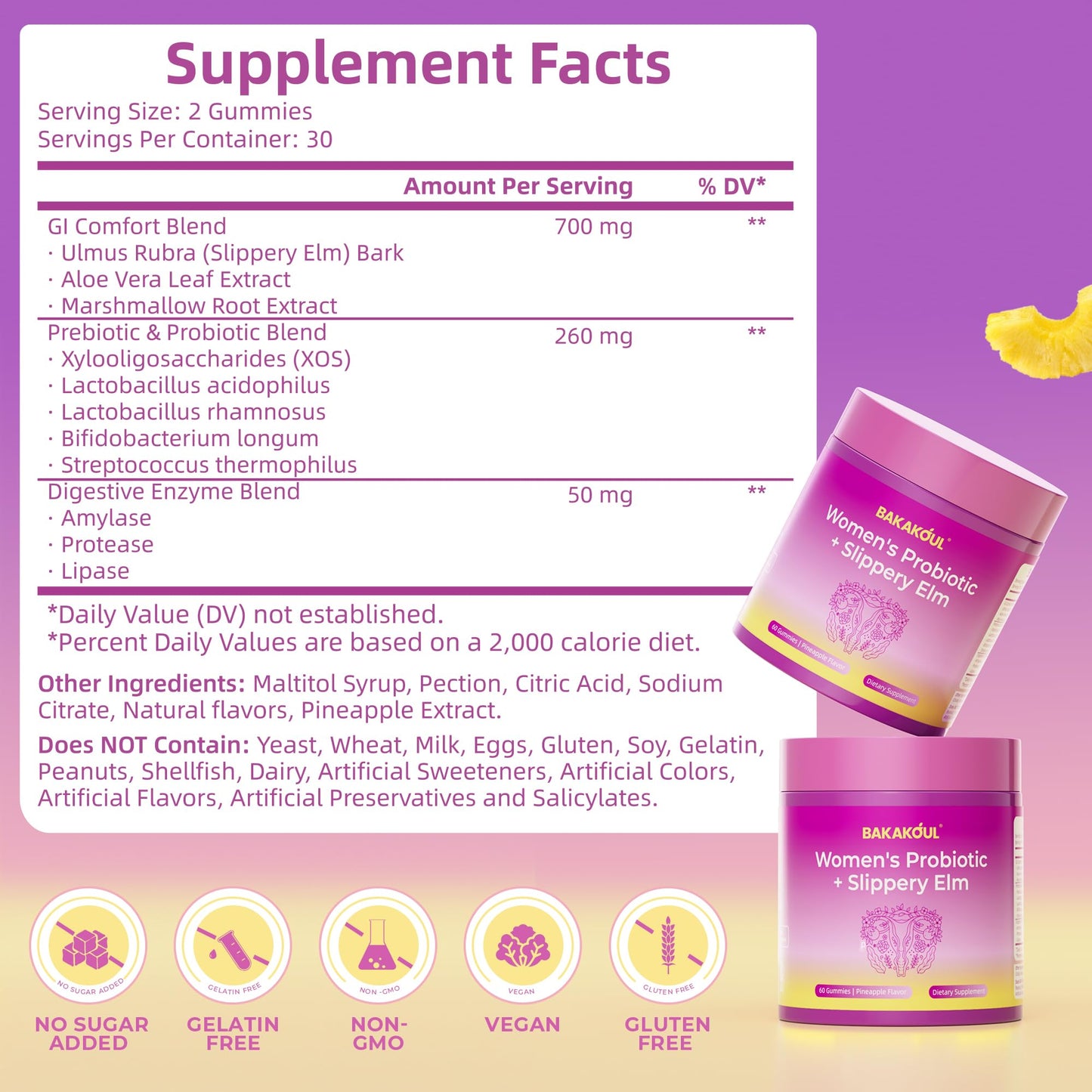 BAKAKOUL Feminine Probiotics Gummies for Women, Vaginal Probiotics with Slippery Elm,Prebiotics & Probiotics Supports pH Balance,Immune Health, Vegan