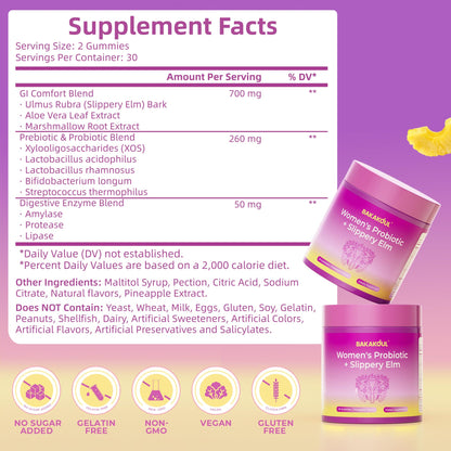 BAKAKOUL Feminine Probiotics Gummies for Women, Vaginal Probiotics with Slippery Elm,Prebiotics & Probiotics Supports pH Balance,Immune Health, Vegan