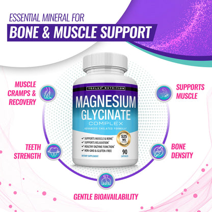 Magnesium Glycinate 525mg - High Absorption Chelated Magnesium Supplement Made with Pure Magnesium Glycinate - Supports Muscles, Sleep, Cramps, Recovery Bisglycinate Complex Vegan Non-GMO 90 Capsules Toplux buy supplements Au