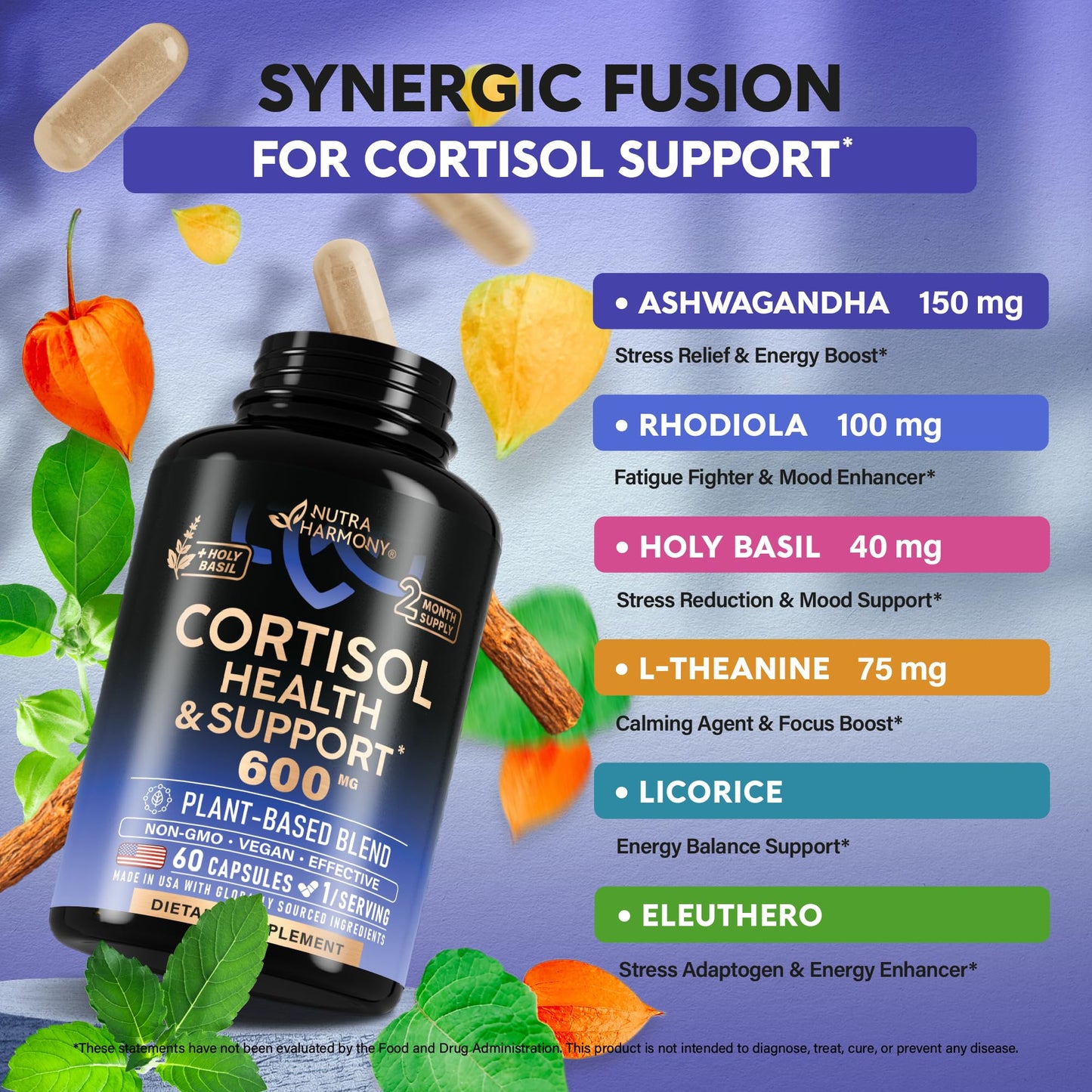 Cortisol Supplement for Women - Holy Basil | Ashwagandha | Rhodiola | L-Theanine - Plant-Based Hormone Balance - Mood, Focus & Sleep Support - Made in USA
