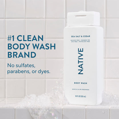 Native Body Wash Contains Naturally Derived Ingredients | For Women & Men, Sulfate, Paraben, & Dye Free Leaving Skin Soft and Hydrated | Sea Salt & Cedar 18 oz