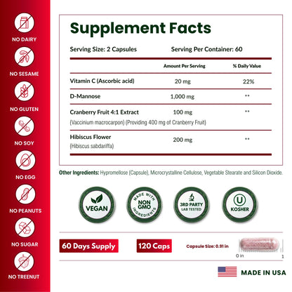 ForestLeaf D Mannose Supplements for Women & Men - D-Mannose 1000mg Capsules with Cranberry, Hibiscus & VIT C - DMannose Pills for UTI, Urinary Tract & Bladder Support - 120 Caps ForestLeafBuy Supplements Australia