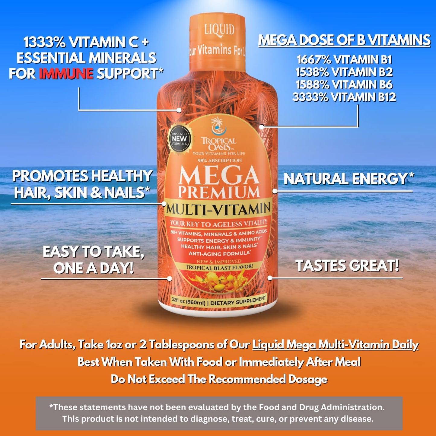 Mega Premium Liquid Multivitamin | Natural Immune Support Vitamin w/ 1333% Vitamin C, 200% D3, Zinc + 20 Vitamins, 70 Minerals, & 21 Amino Acids | Sugar Free | Orange Flavor | 98% Absorption | 32 Serv Tropical Oasis buy supplements Au