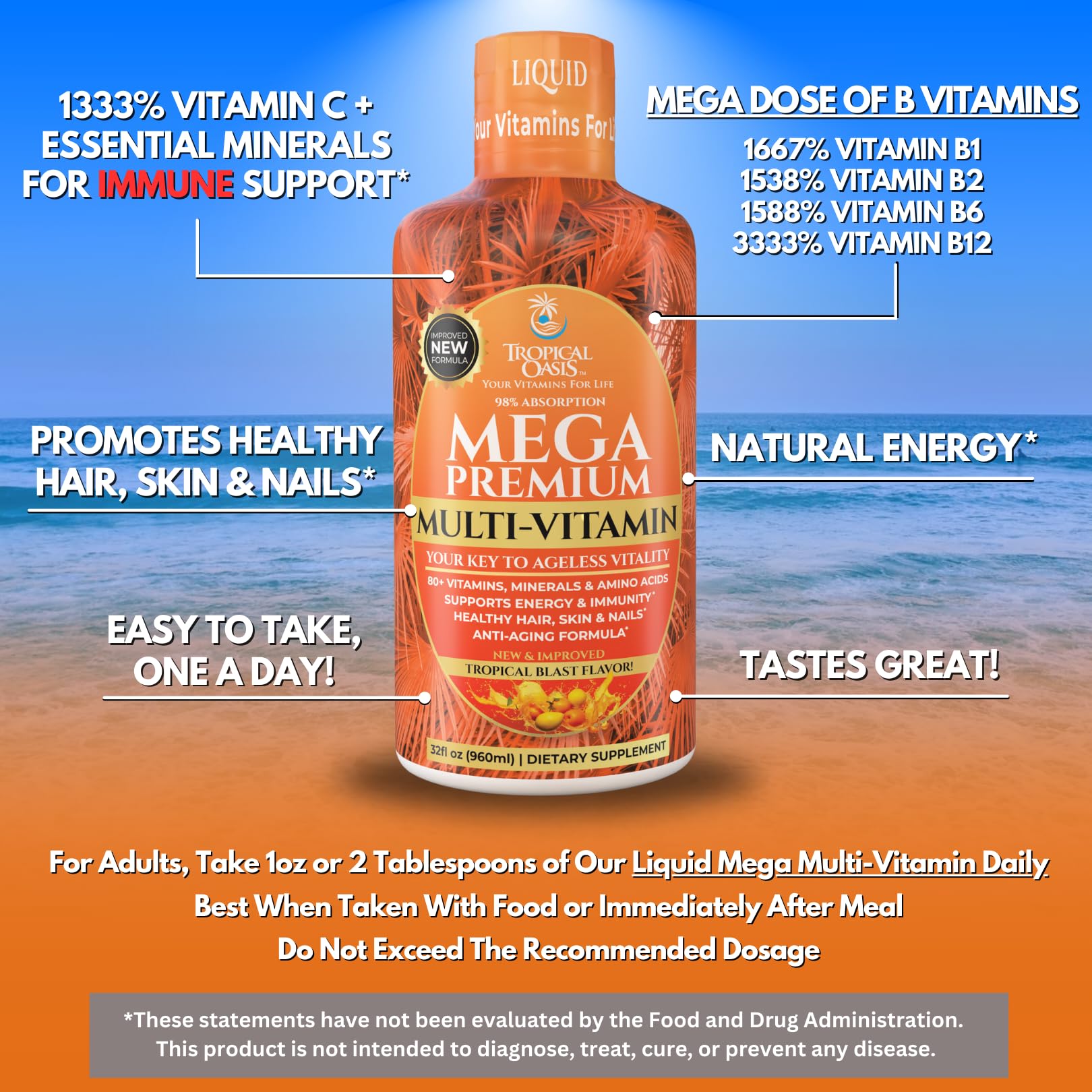 Mega Premium Liquid Multivitamin | Natural Immune Support Vitamin w/ 1333% Vitamin C, 200% D3, Zinc + 20 Vitamins, 70 Minerals, & 21 Amino Acids | Sugar Free | Orange Flavor | 98% Absorption | 32 Serv Tropical Oasis buy supplements Au