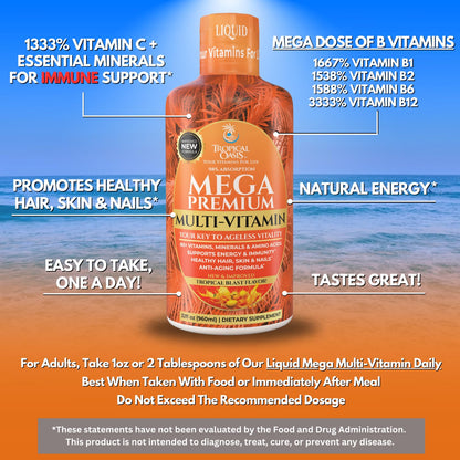Mega Premium Liquid Multivitamin | Natural Immune Support Vitamin w/ 1333% Vitamin C, 200% D3, Zinc + 20 Vitamins, 70 Minerals, & 21 Amino Acids | Sugar Free | Orange Flavor | 98% Absorption | 32 Serv Tropical Oasis buy supplements Au