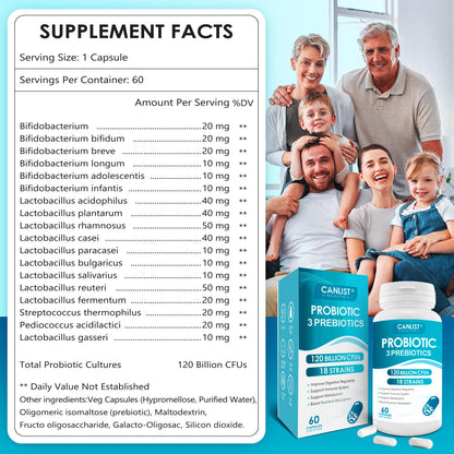 CANLIST Probiotics 120 Billion CFUs 18 Strains, 3 Prebiotics & Digestive Enzymes for Men Women,Digestive & Immune Support