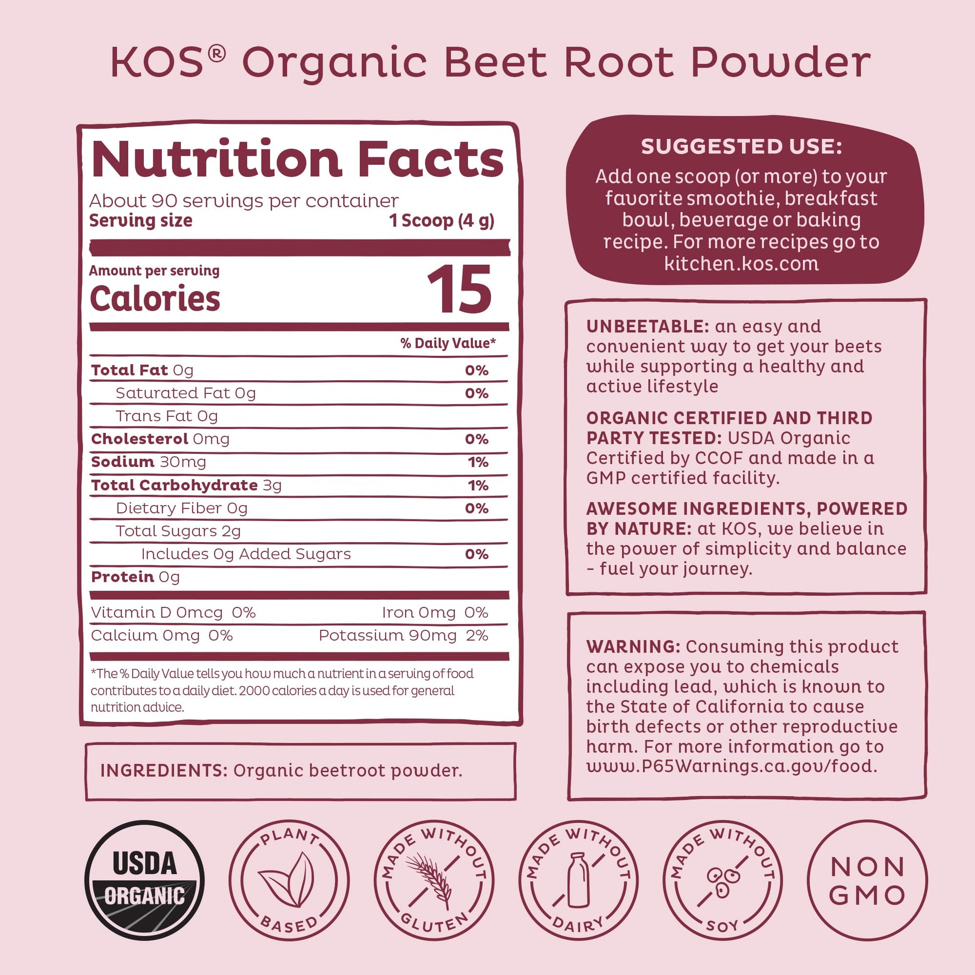 KOS Organic Beet Root Powder, USDA Organic - Natural Nitric Oxide Booster, Superfood Plant Based Beetroot Antioxidant, Supports Active Lifestyle & Healthy Circulation, Soy & Gluten-Free - 90 Servings KOS buy supplements Au
