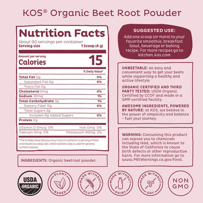 KOS Organic Beet Root Powder, USDA Organic - Natural Nitric Oxide Booster, Superfood Plant Based Beetroot Antioxidant, Supports Active Lifestyle & Healthy Circulation, Soy & Gluten-Free - 90 Servings KOS buy supplements Au